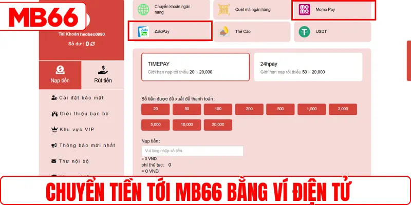 Chuyển tiền tới MB66 bằng ví điện tử